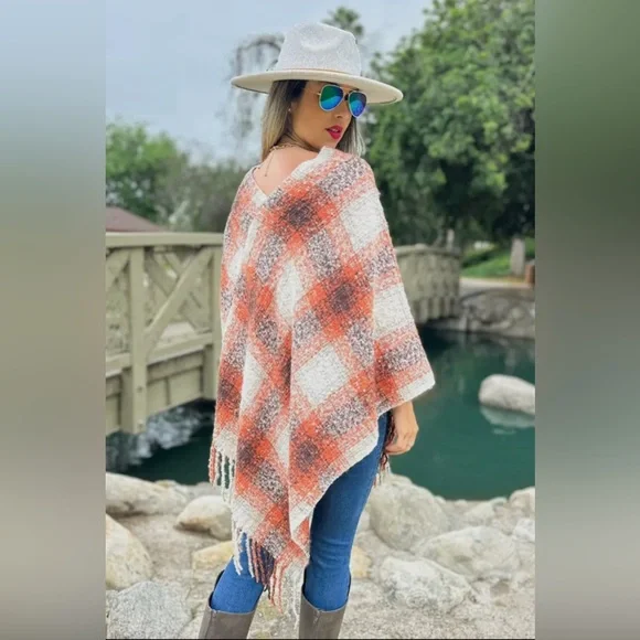 Plaid Orange and Cream Poncho - Picture 4 of 4